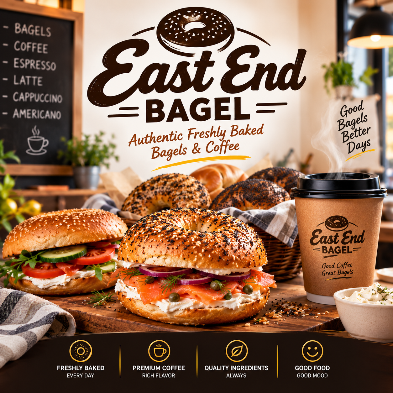 Freshly baked artisan bagels at East End Bagel - hand-rolled and baked daily